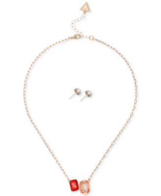 Gold-Tone Double Crystal Pendant Necklace & Logo Stud Earrings Set