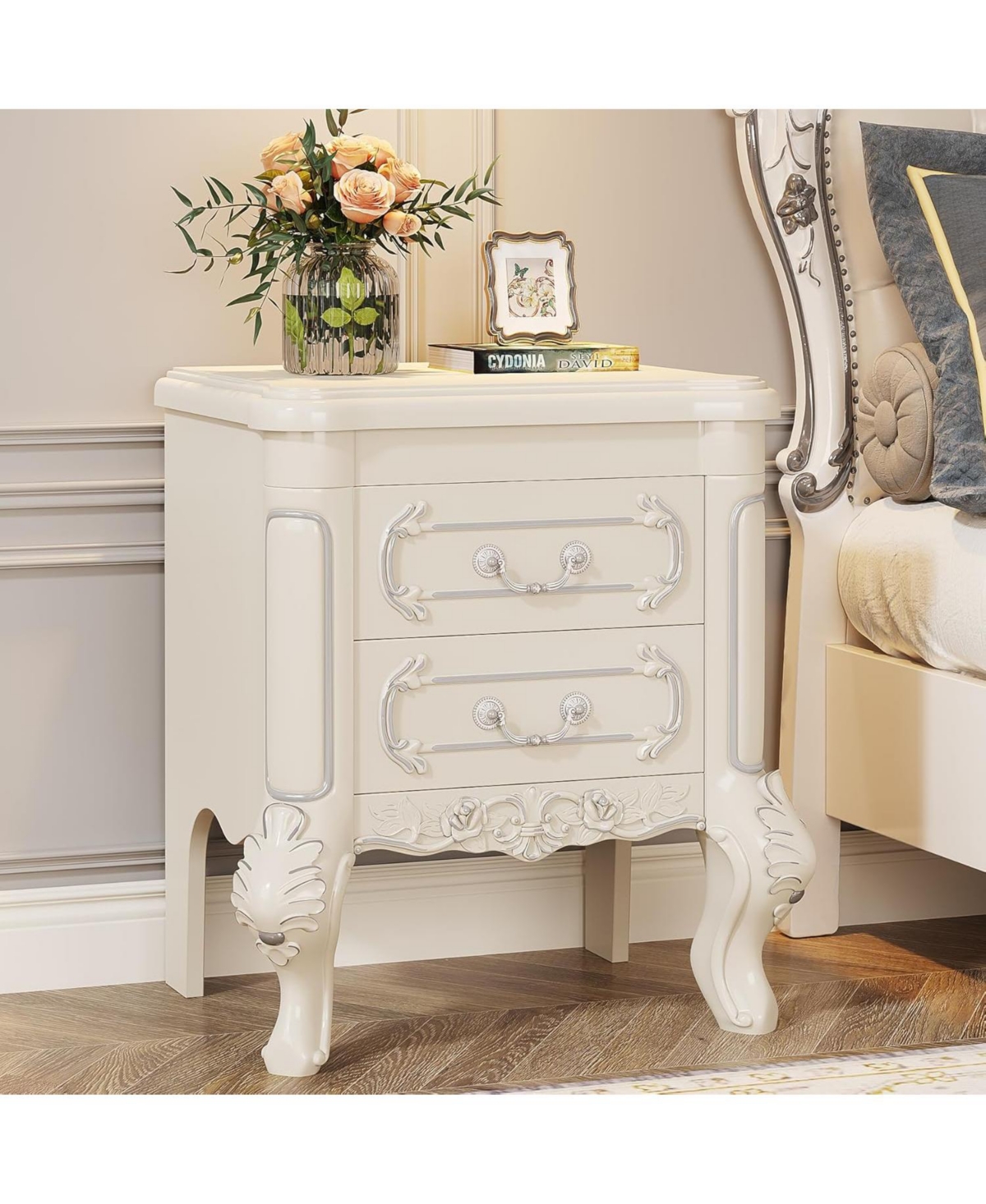 Tribesigns Nightstand, End Table with 2 Drawers, Carved Bedside Tables, Side Table for Bedroom, Living Room, Classic Bedroom Furniture, Night Stand