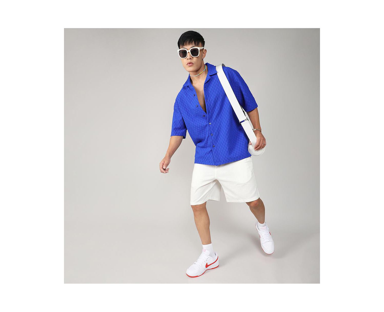 Men's Royal Blue Textured Geometric Oversized Shirt