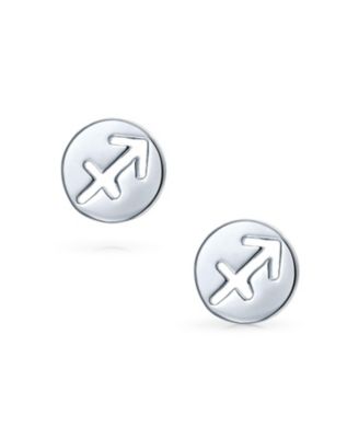 Tiny Simple Round Astrology Sagittarius Horoscope Zodiac Stud Earrings .925 Sterling Silver