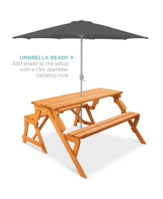 2-in-1 Outdoor Interchangeable Wooden Picnic Table/Garden Bench for w/ Umbrella Hole - Natural