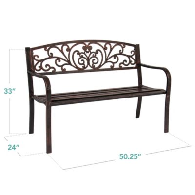 Outdoor Steel Bench Garden Patio Porch Furniture w/ Floral Design Backrest