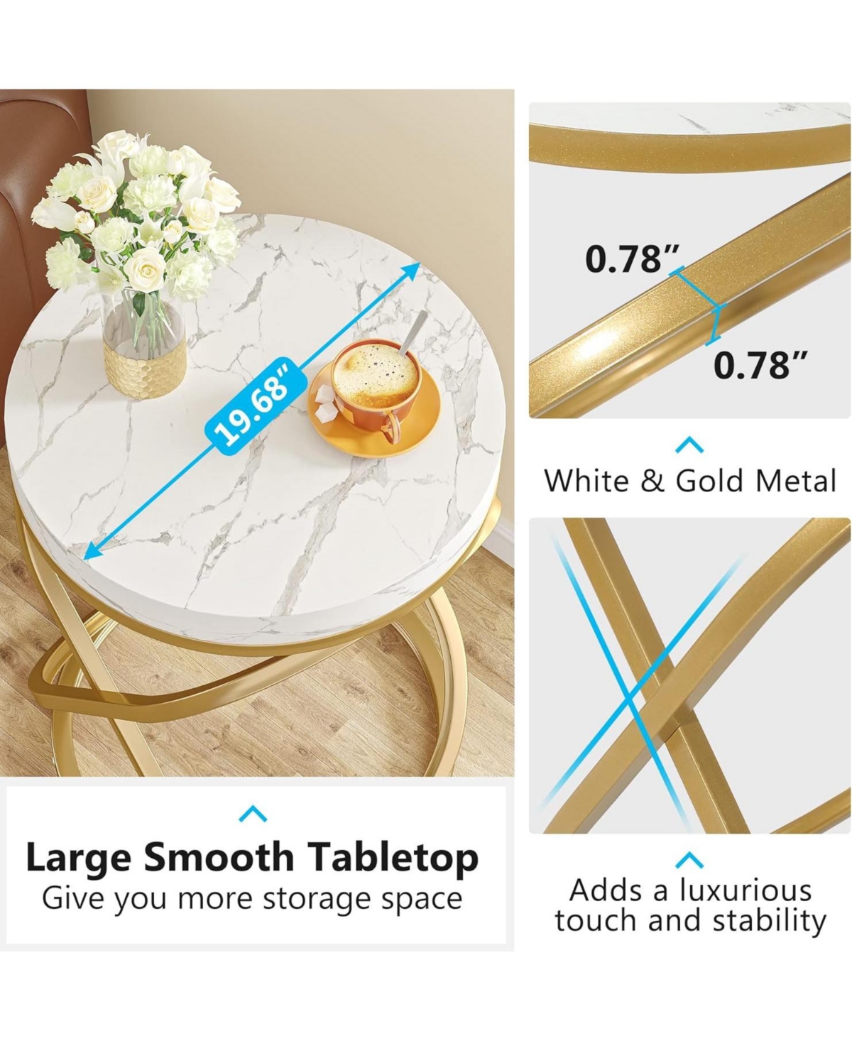 Tribesigns White and Gold Faux Marble Top End Tables Set of 2, Round Nightstands Sofa Side Table with Double X-Shaped Ring Unique Design for Bedroom