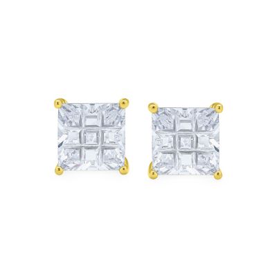 Square  CZ Cubic Zirconia Invisible Cut Stud Earrings 14K Gold Plated .925 Sterling Silver