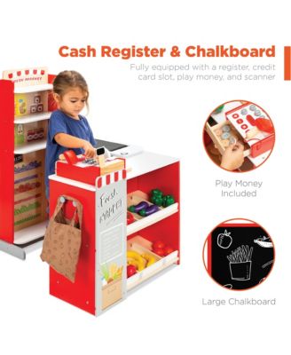 Kids Pretend Play Grocery Store Wooden Supermarket Set w/ Chalkboard, Cash Register