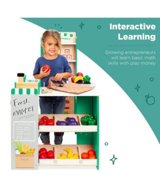 Kids Pretend Play Grocery Store Wooden Supermarket Set w/ Chalkboard, Cash Register