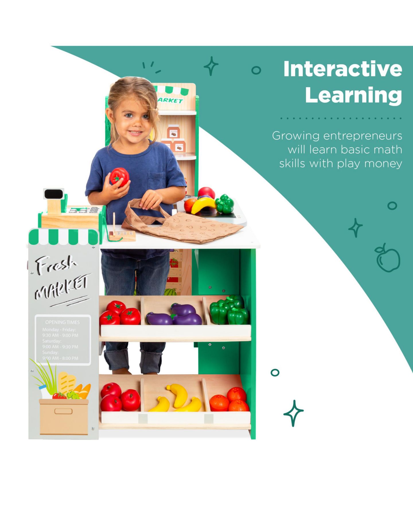 Детский игровой набор Best Choice Products Grocery Store Cash Register and Chalkboard 40+ Piece Playset, Ages 3+, цвет: Зелёный — фото 3