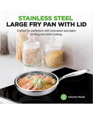12'' Stir Fry Pan with Glass Lid - Triply Stainless Steel Cookware, DAKIN Etching Non-Stick Coating Inside and Outside