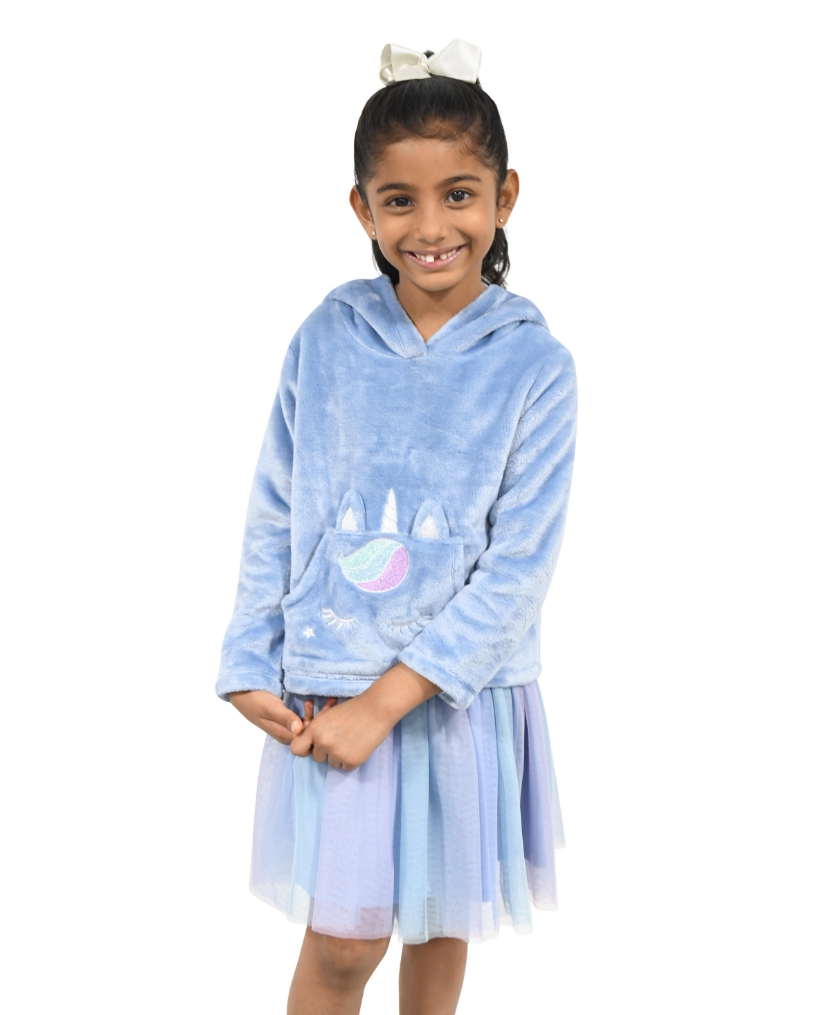 Pink & Violet Kids' Little Girls Faux Fur Unicorn Character Sweatshirt And Dress Set In Dusty Blue