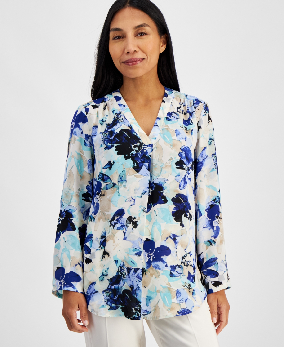 Ak Anne Klein Petite Floral Pleat-front Roll-tab Tunic In Pool Blue Multi