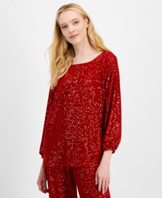 JM Collection - Women's Gathered Boat-Neck Sequin Top