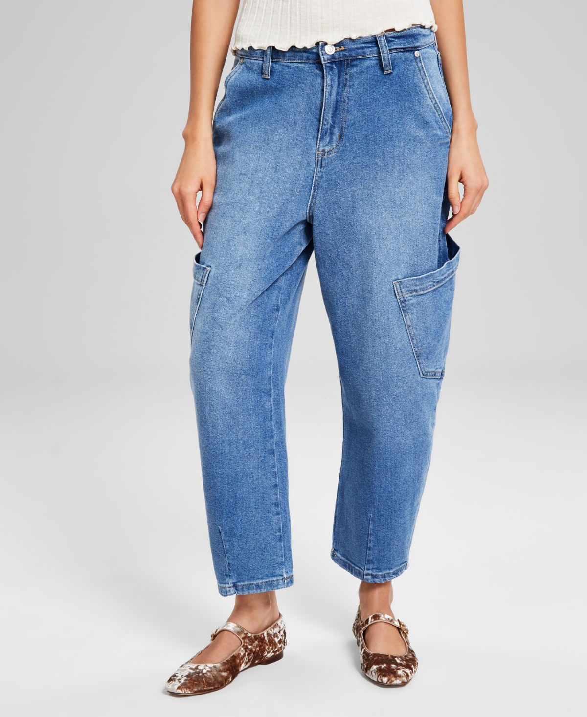 Shop And Now This Women's High-rise Barrel-leg Jeans, Created For Macy's In Medium Wash