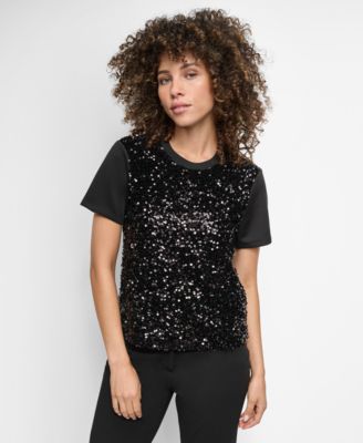 DKNY - Women's Crewneck Short-Sleeve Sequin Blouse