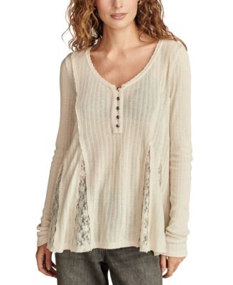 Lucky Brand - Women's Henley V-Neck Lace-Godet Swing Top