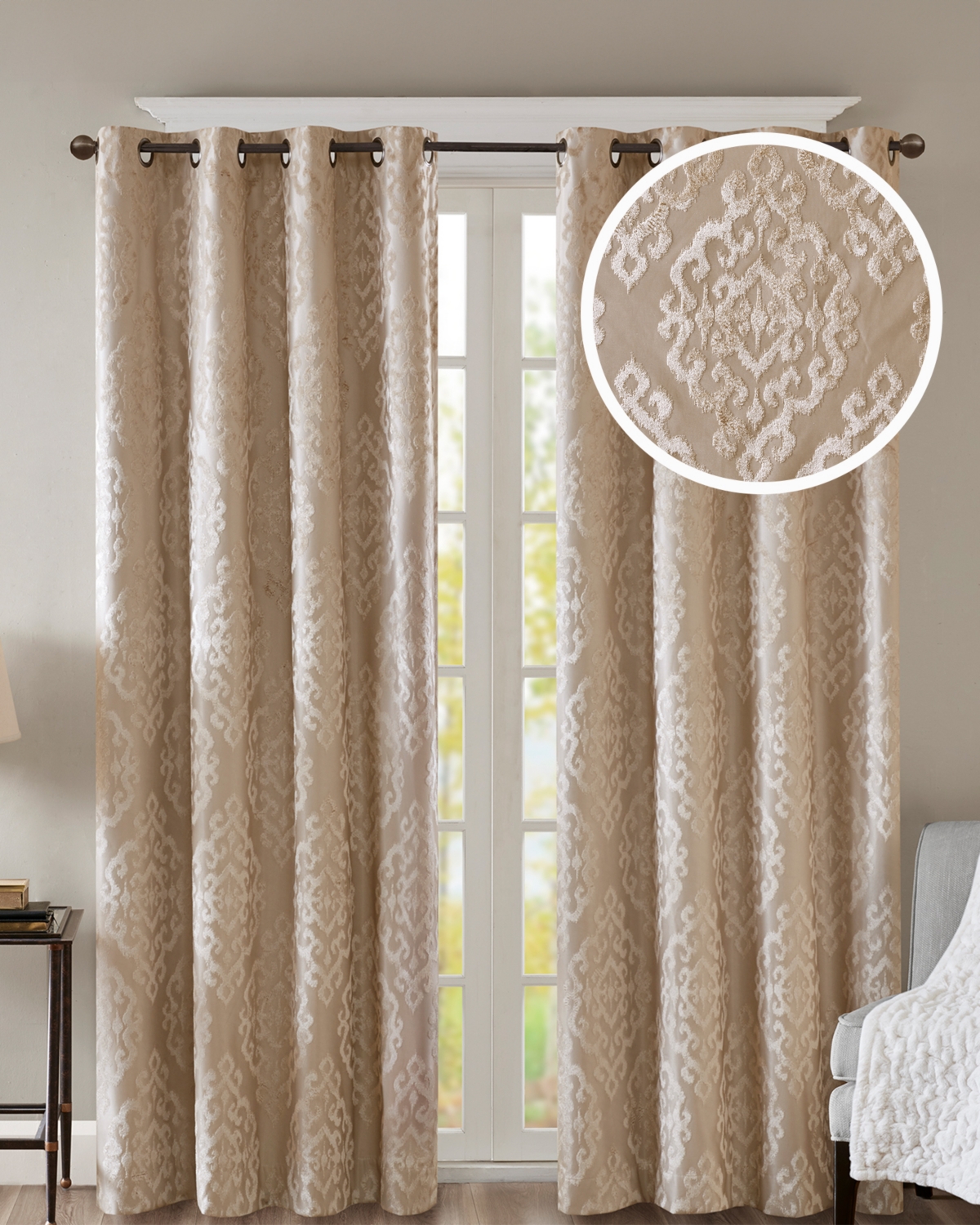 SunSmart Mirage Knitted Jacquard Damask Total blackout curtains for bedroom, Silver grommet top fit up to 1.25 inches rod Single Curtain Panel for Liv