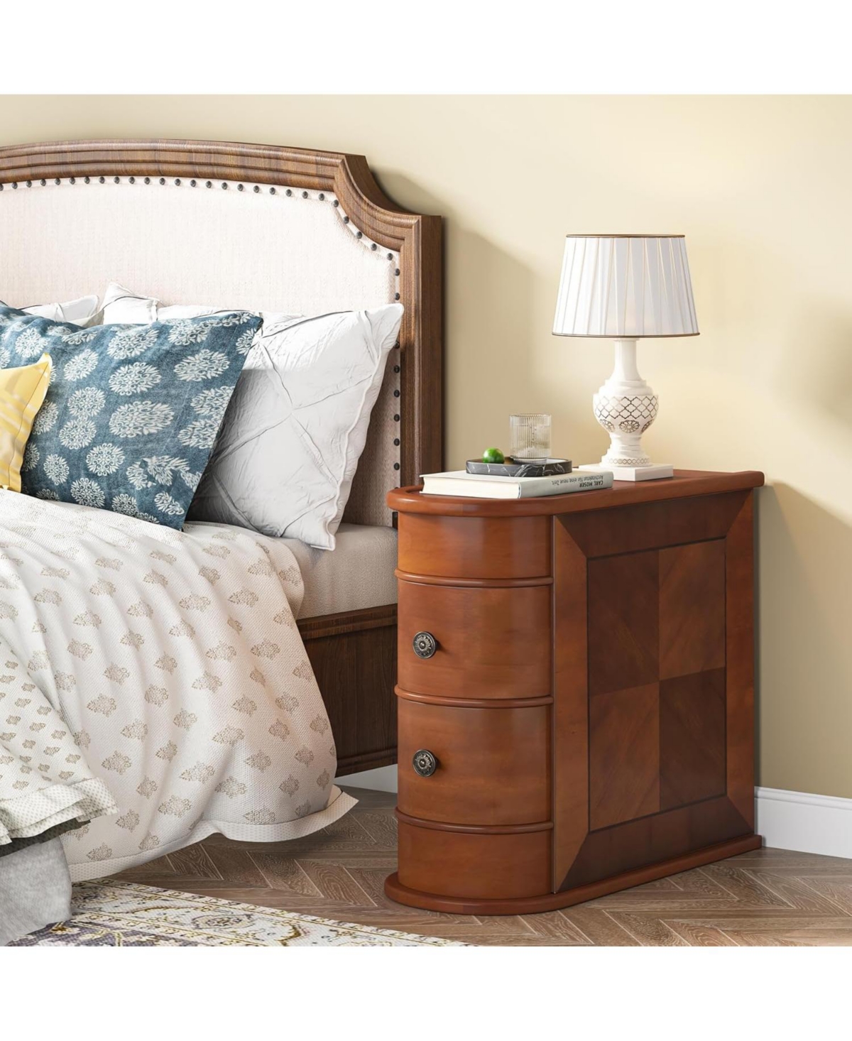 Tribesigns End Table with 2 Drawers, Black Sofa Side Table with Storage, No Assembly Required, Closed Back, Slim Nightstand Vintage Wood Chairside Bed