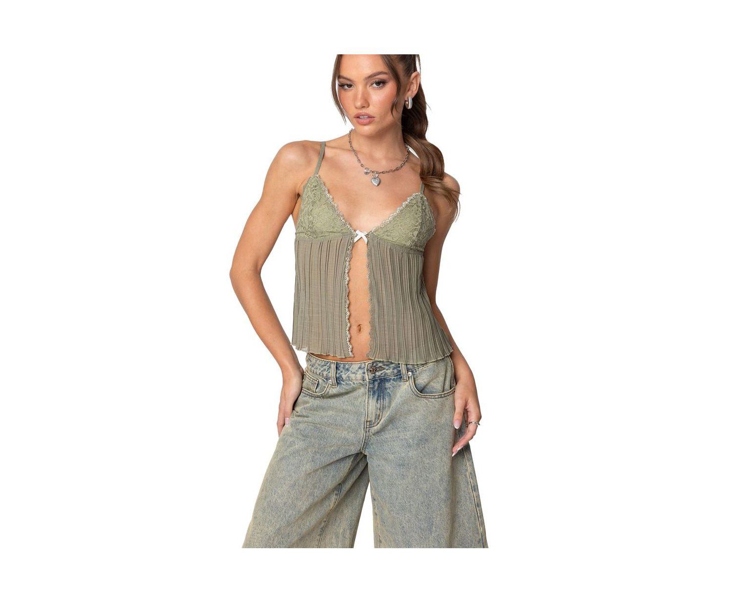 Womens Pleated Lacey Split Front Tank Top