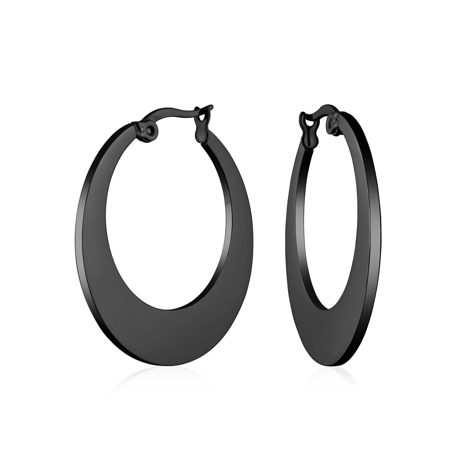 Big Flat Oval Hoop Earrings Black Plated Stainless Steel 1.25"
