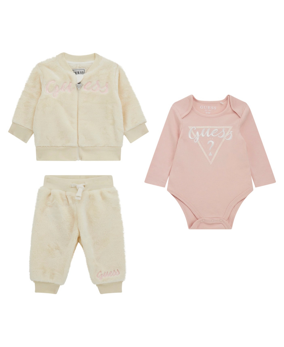 GUESS BABY GIRL ACTIVE ZIP-UP SWEATSHIRT AND PANT, 3-PIECE SET 