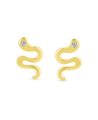 Minimalist Tiny Mini CZ Accent Garden Reptile Serpent Snake Stud Earrings 14K Yellow Gold Safety Clutch Screw back
