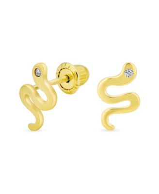 Minimalist Tiny Mini CZ Accent Garden Reptile Serpent Snake Stud Earrings 14K Yellow Gold Safety Clutch Screw back