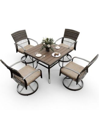 5-Piece Patio Outdoor Dining Set with Square Table and Rattan Swivel Chairs with Green Cushion