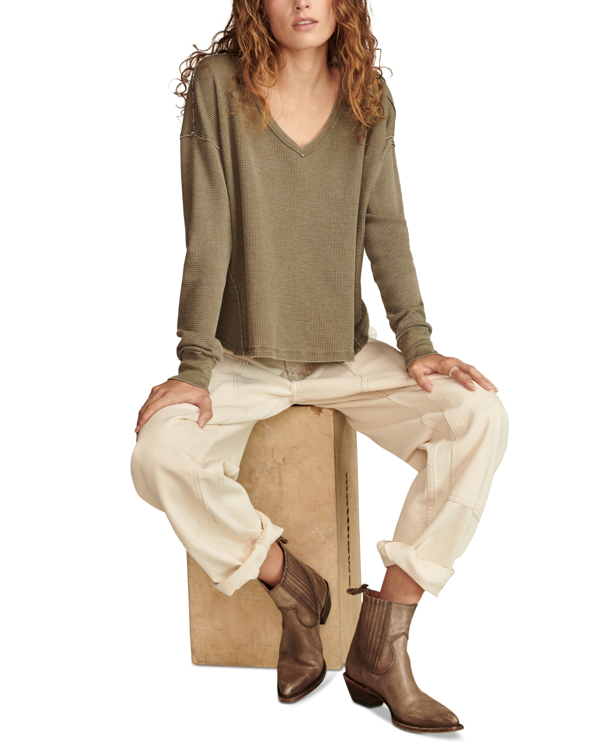 Lucky Brand Women's Cotton V-Neck Long-Sleeve Top