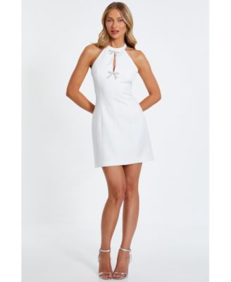 Women's Womens's Woven Halter Neck Dimante Bow Mini Dress