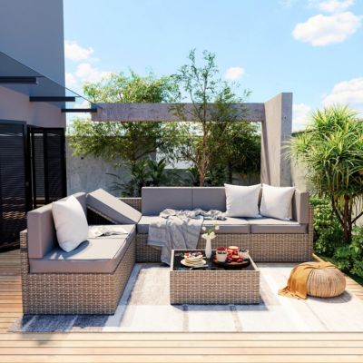 Gray 7-Piece Wicker Outdoor Sectional Set with Coffee Table and Cushions