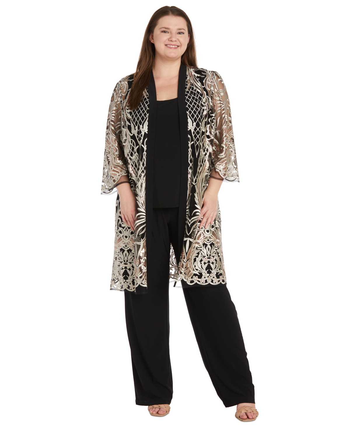 Plus Size Embroidered Duster Jacket, Tank and Pants 3-Pc. Set - Black/Gold