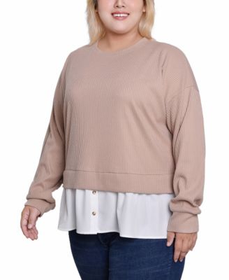 Plus Size Long Sleeve Two-Fer Top with Gathered Inset