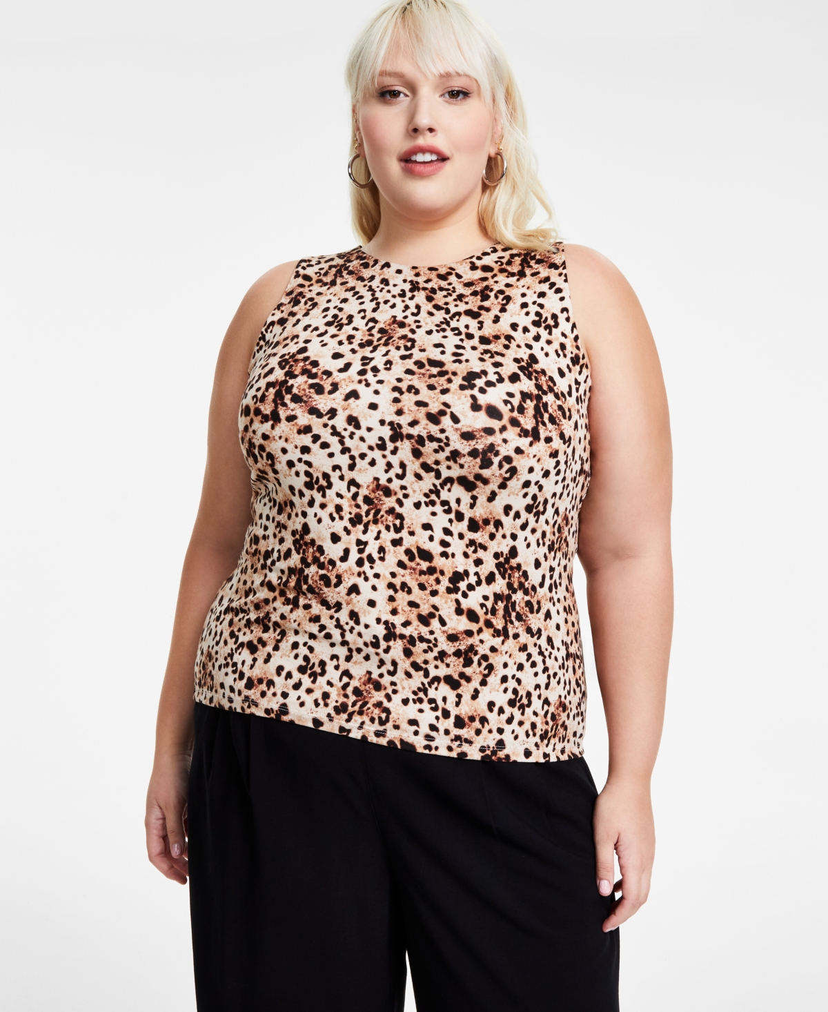 BAR III TRENDY PLUS SIZE CHEETAH-PRINT SLEEVELESS JERSEY CREWNECK TOP, CREATED FOR MACY'S 
