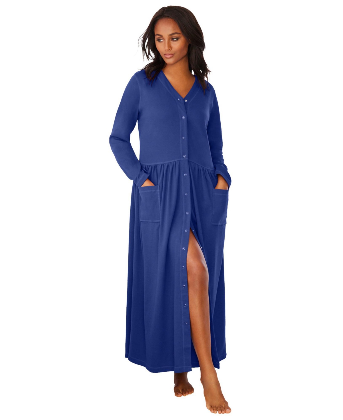 Plus Size Only Necessities Long Snap-Front Knit Lounger - Deep teal