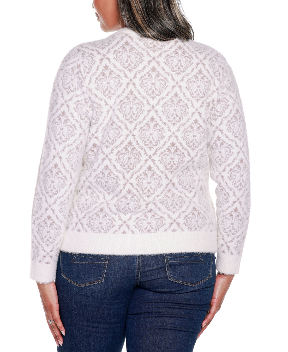 Belldini Black Label Plus Size Eyelash Jacquard Cardigan Sweater -Mochaccino