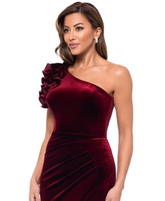 xscape velvet dress burgundy Xscape Evenings Off-The-Shoulder Velvet Gown - Burgundy