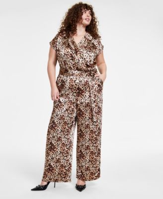 Bar III - Trendy Plus Size Short-Sleeve Wrap-Front Belted Satin Jumpsuit