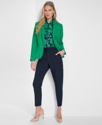 Womens Scuba Peak Lapel Long Sleeve Blazer Garden Floral Flutter Sleeve Top Sloane Slim Leg Ankle Pants