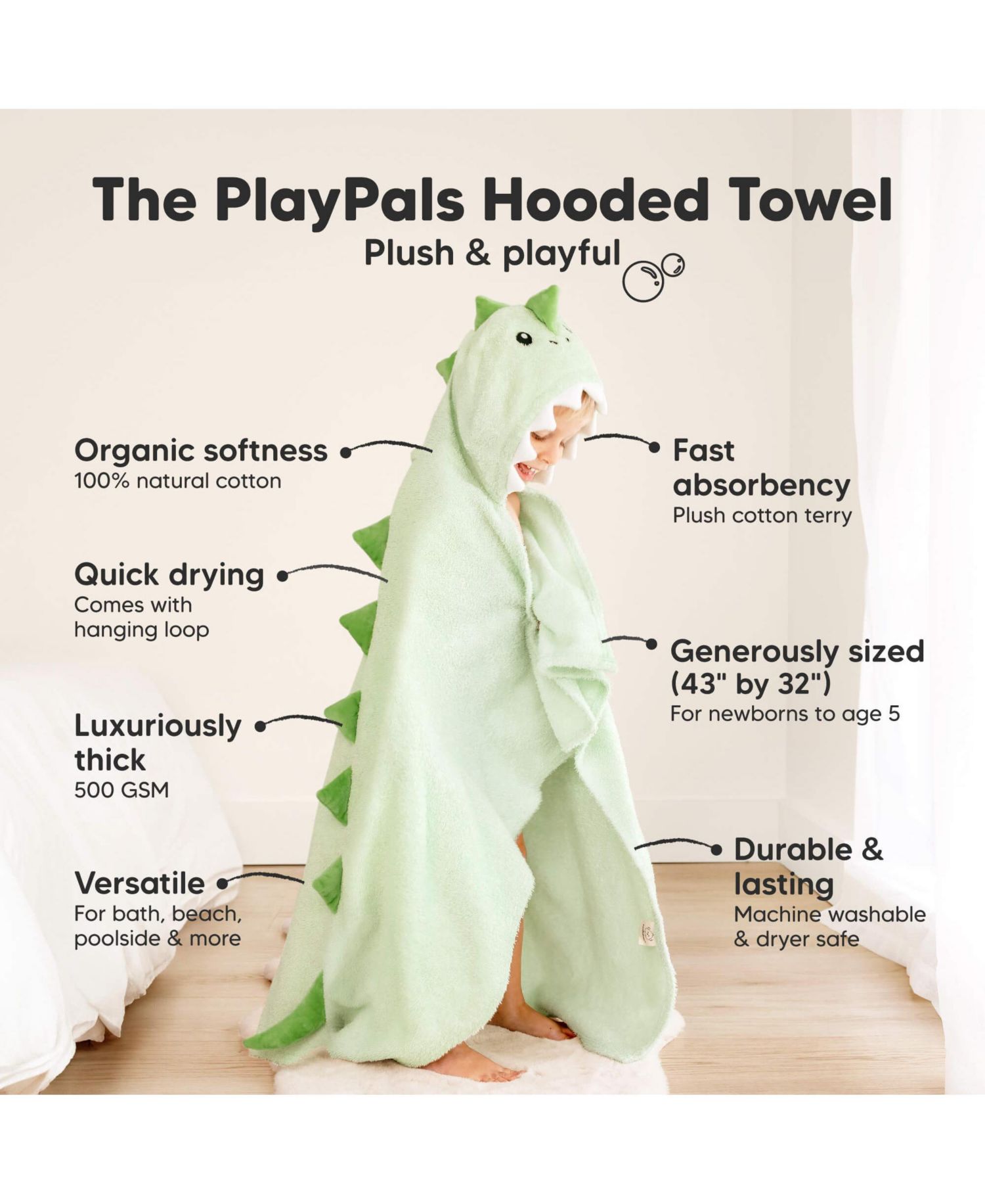 PlayPals Baby Towels with Hood for Girls, Boys, 100% Soft Cotton Hooded Bath Towels for Newborn, Kids