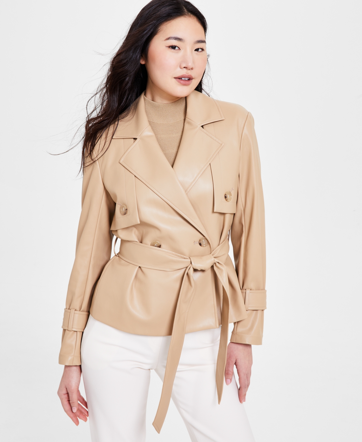 ANNE KLEIN PETITE BELTED CROSSOVER FAUX-LEATHER COAT 