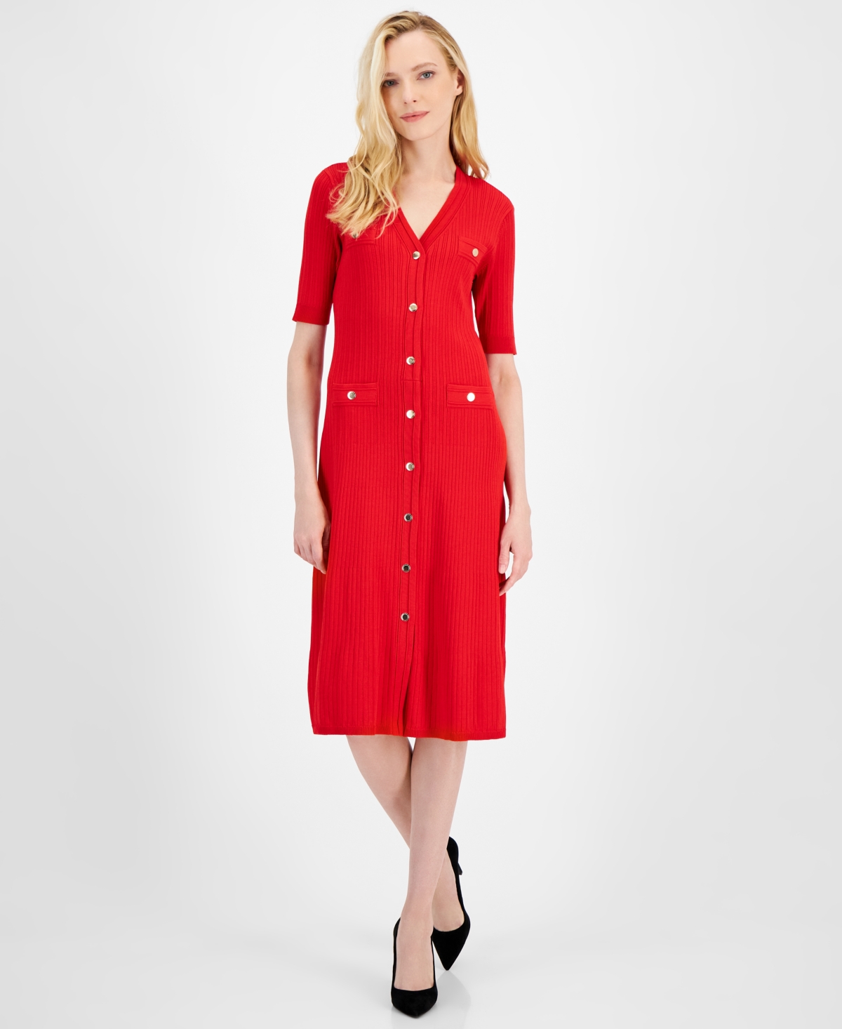 ANNE KLEIN WOMEN'S RIBBED BUTTON-FRONT A-LINE DRESS 