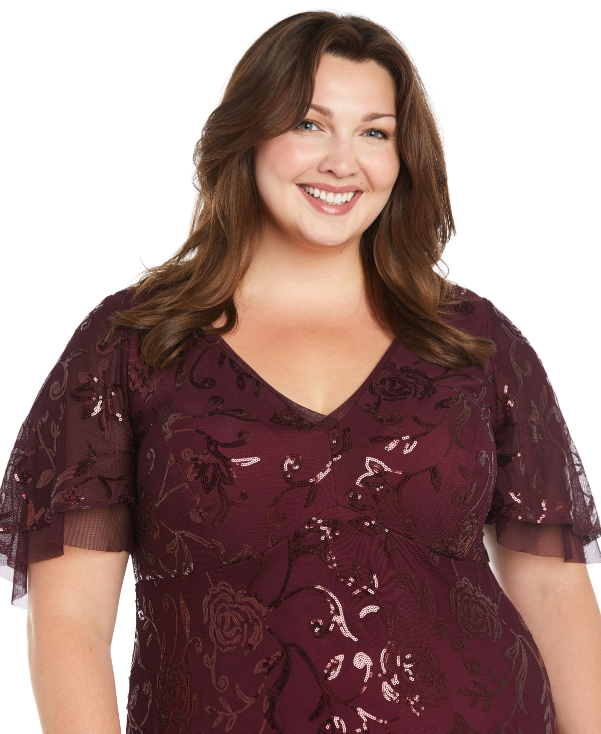 R & M Richards Plus Size Sequin Embellished Flutter-Sleeve V-Neck Gown