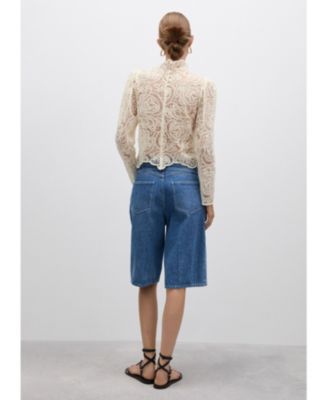 Women's High-Neck Sheer Cotton Lace Blouse