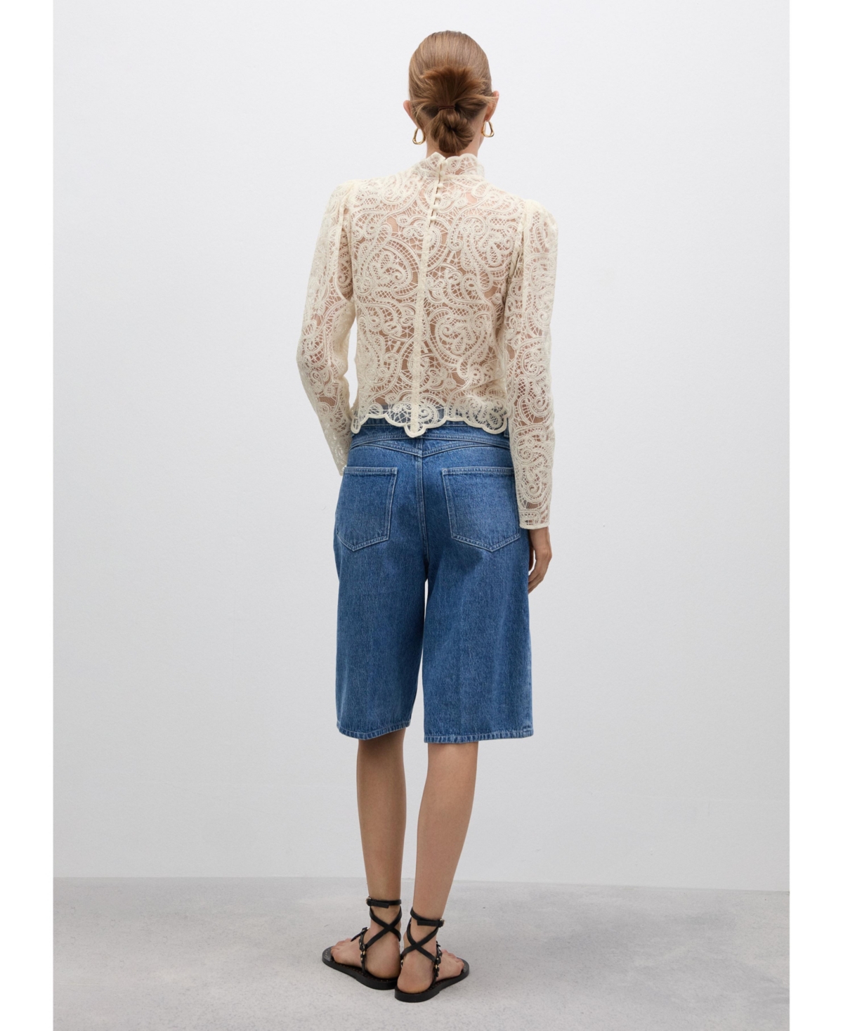 Mango Women's High-Neck Sheer Cotton Lace Blouse