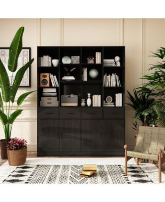 FAMAFY 15-Shelf Standard Bookshelf with Adjustable Shelves, 4 Drawers