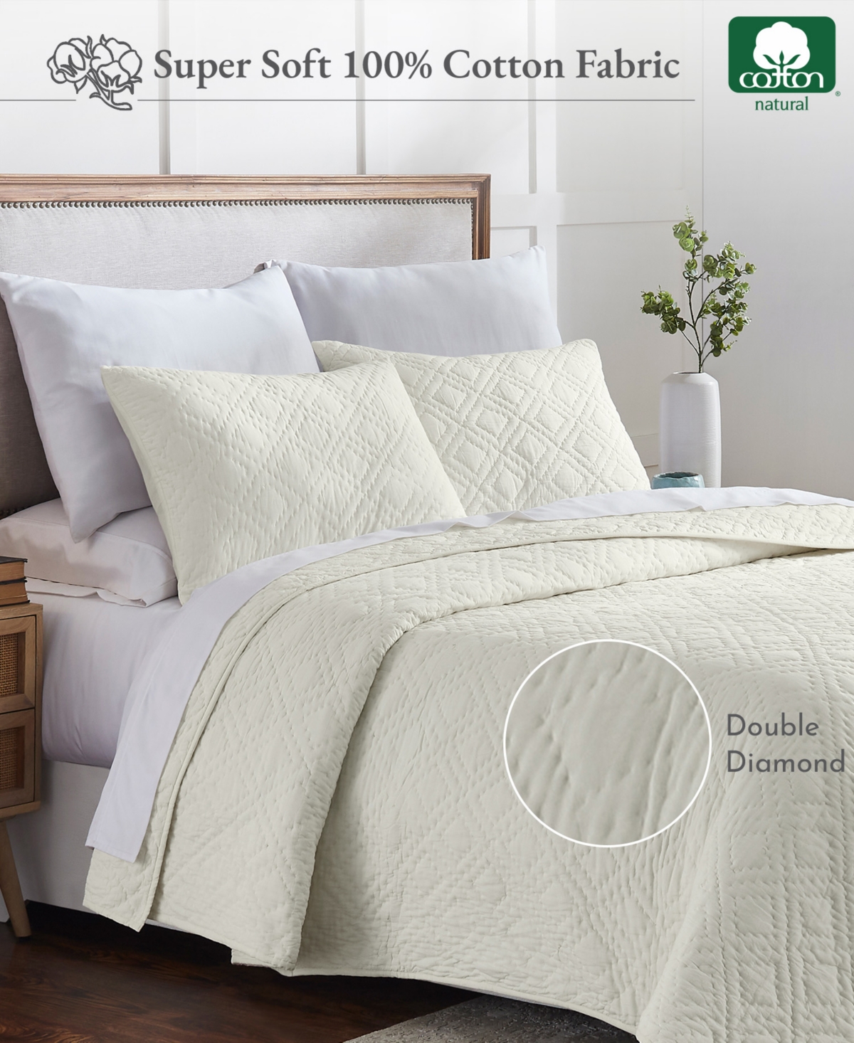 California Design Den Hand-Quilted 100% Cotton Quilt Set, Pre-Softened, 3 Piece Quilt & Sham Set by