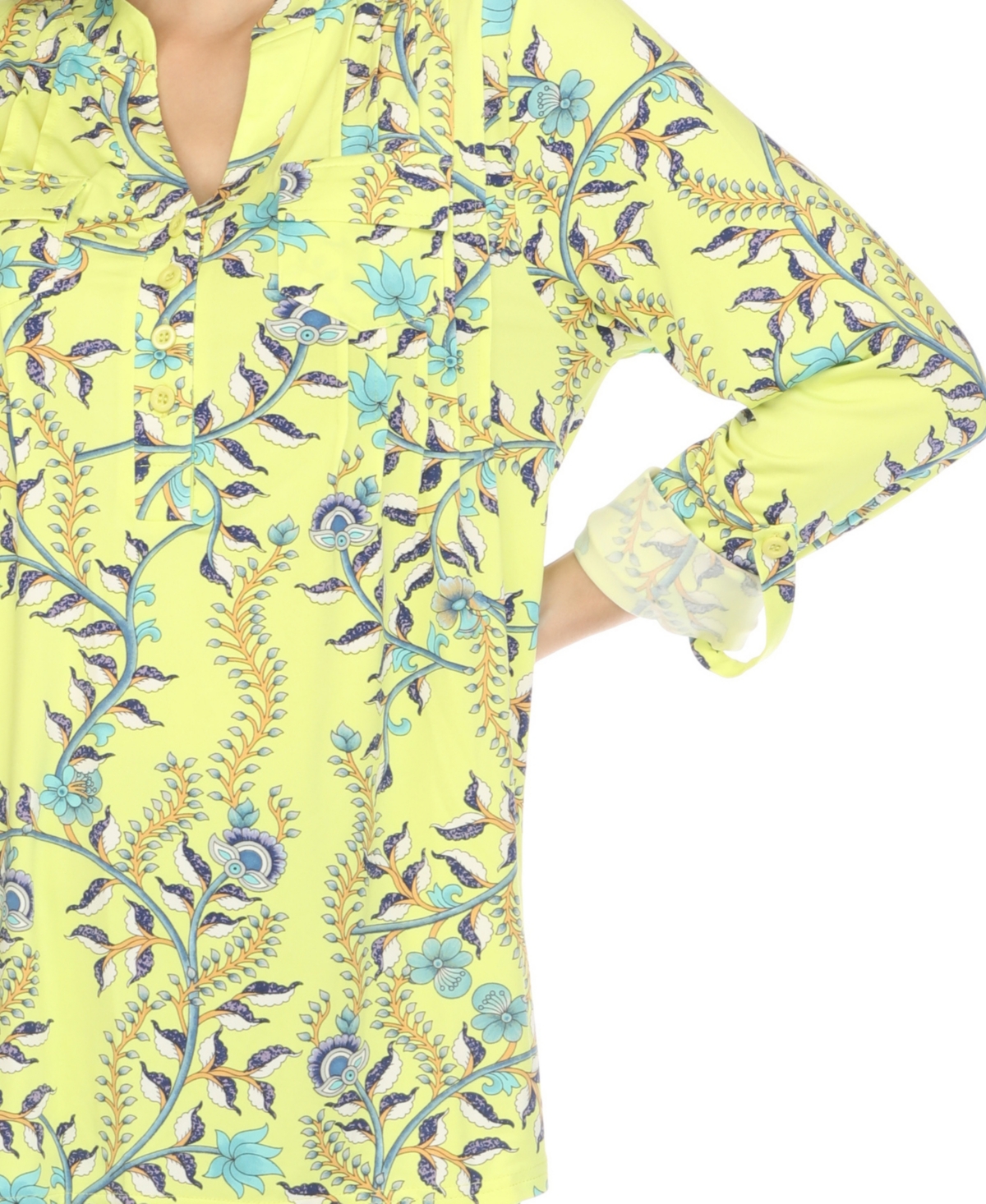 White Mark Women's Paisley Button Front Tunic Top In Lime