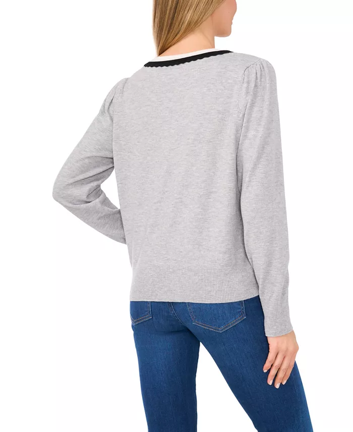Women's Contrast Collar V-Neck Sweater - thumbnail 2