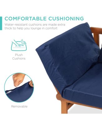 Outdoor Convertible Acacia Wood Futon Sofa w/ Pullout Tray, 4 Pillows, All-Weather Cushion - Navy