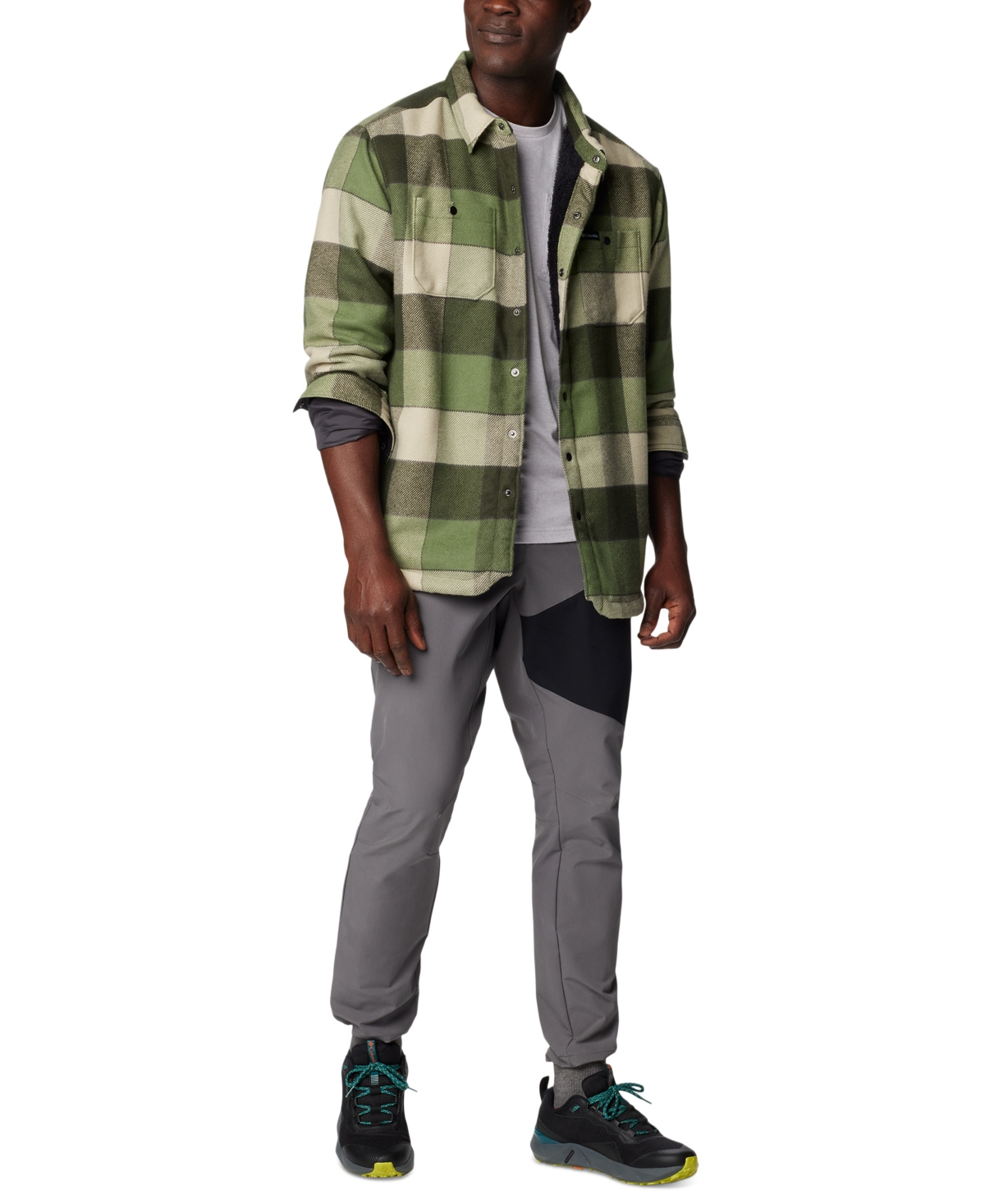 Columbia Men's Windward Ii Snap-front Sherpa Lined Plaid Shirt Jacket In Canteen Multi Windowpane Check