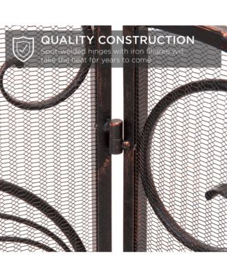 3-Panel 55x33in Wrought Iron Fireplace Safety Screen Decorative Scroll Spark Guard Cover